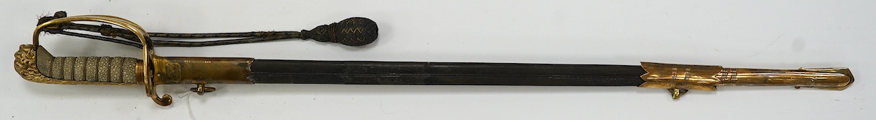 An unusual Victorian midshipman's sword, flat blade, regulation hilt with folding side guard, bullion dress knot, in its scabbard by Fraser and Davis, Portsmouth, blade 69cm. Condition - fair, well worn
